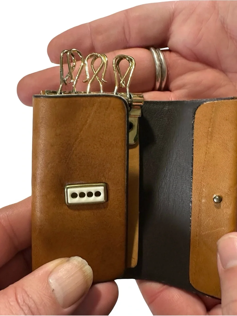 Vtg Rolfs Tan Cowhide Leather Key Kaddy 6 Hook Wallet Holder Case Gold Box NOS